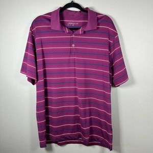 Nike‎ Golf Dri-Fit Large Magenta Blue White Stripe Short Sleeve Polo Shirt
